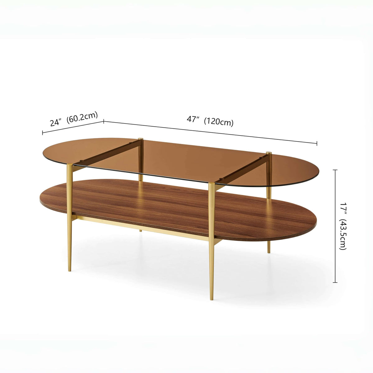 LumFurn Round Coffee Table for Living Room, Mid-Century Modern Design, D30 x H17, 2-Tier Structure, Grey Glass Top and Black Marble Finish Wood Shelf, Sleek Conical Metal Legs with Gold Finish Frame