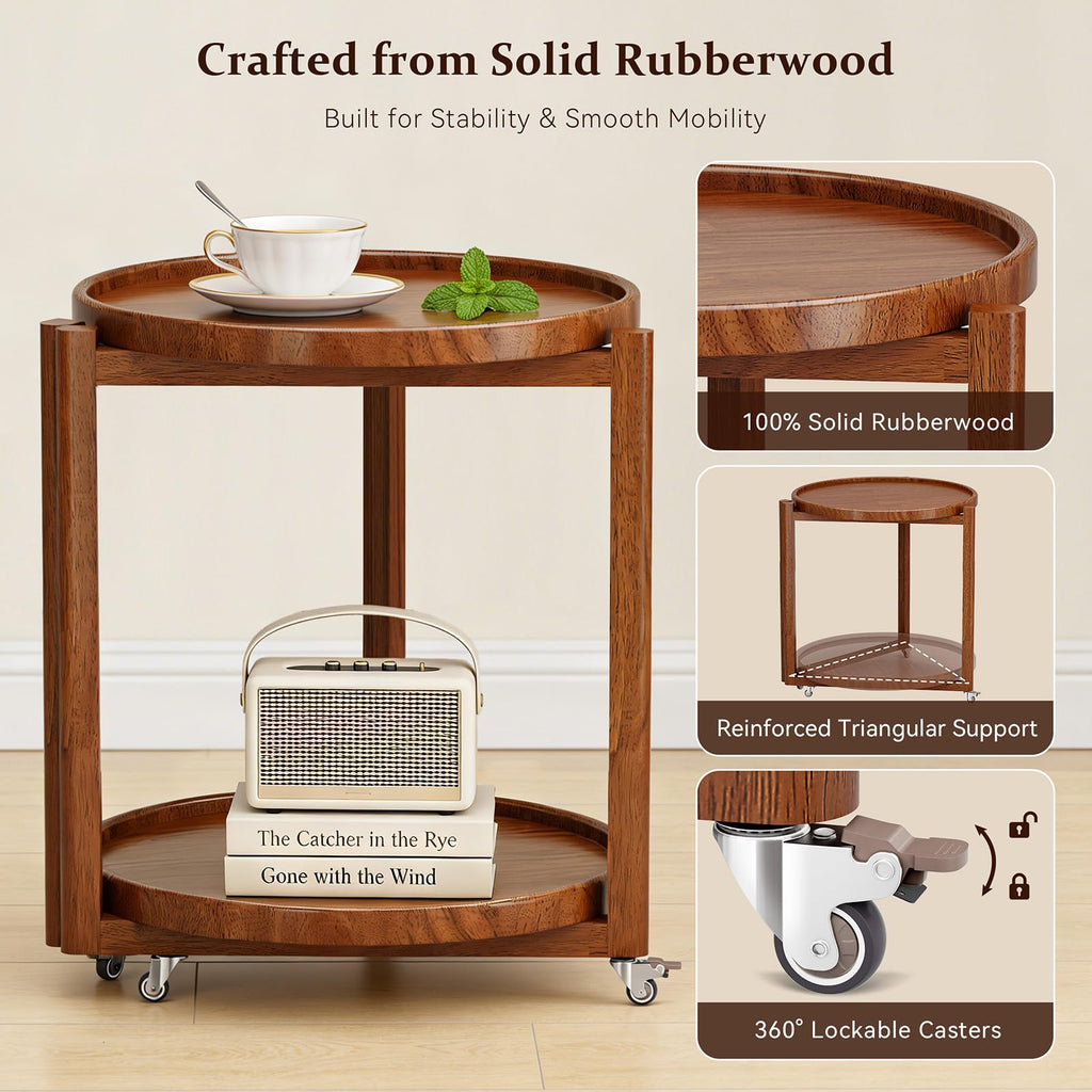Taitiy Rolling Side Table with Wheels, Small Solid Wood Round End Table