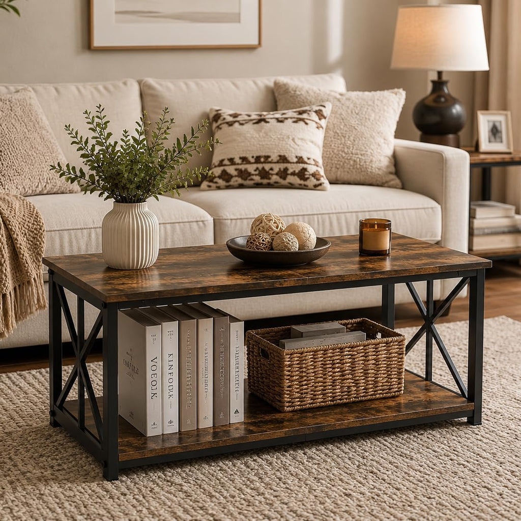 Manora Industrial Rectangular Coffee Table with Storage Shelf, Rustic Brown