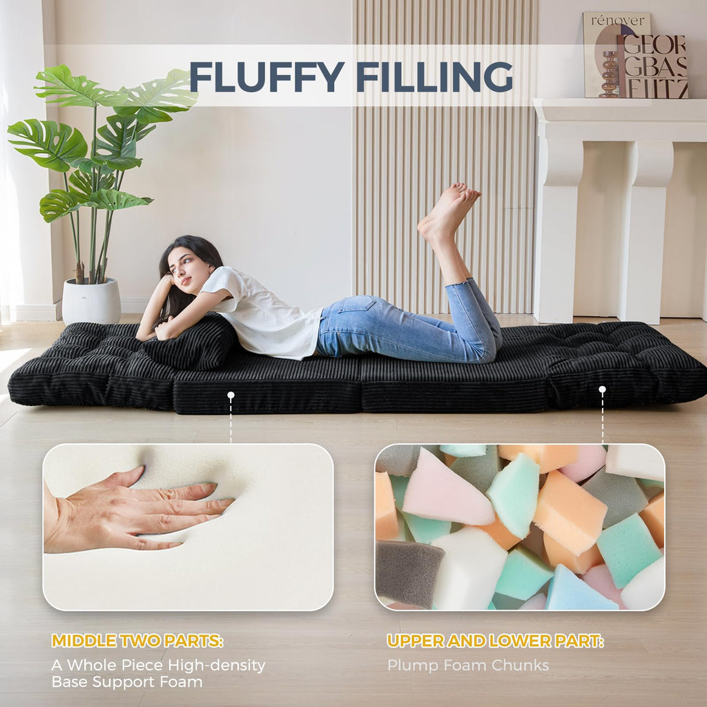 MAXYOYO Folding Sofa Bed, Extra Thick and Long Floor Sofa Convertible Chair with Washable Cover, Floor Couch Lounge Bean Bag Bed for Living Room, Dark Grey, 54x91 Inch