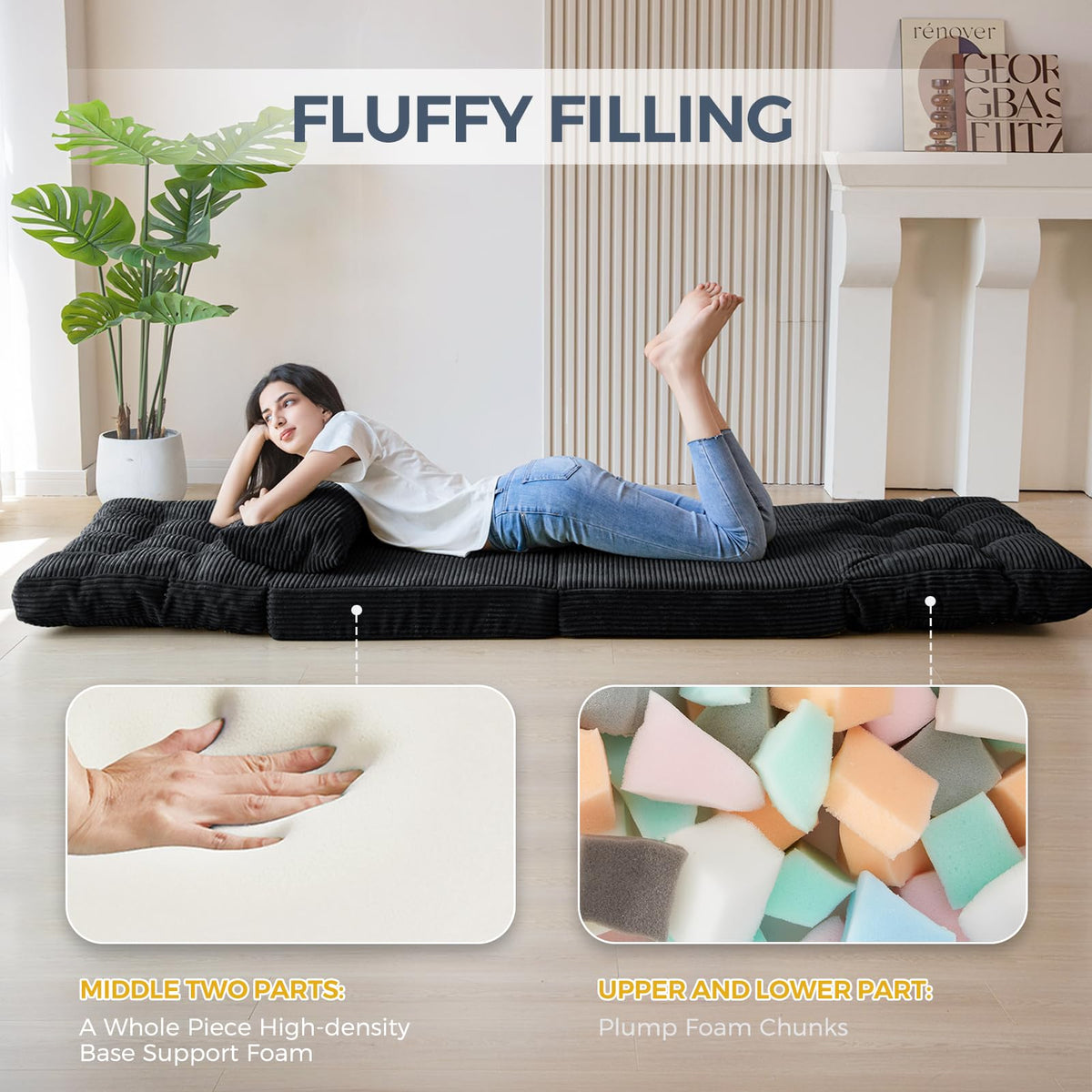 MAXYOYO Folding Sofa Bed, Extra Thick and Long Floor Sofa Convertible Chair with Washable Cover, Floor Couch Lounge Bean Bag Bed for Living Room, Dark Grey, 54x91 Inch