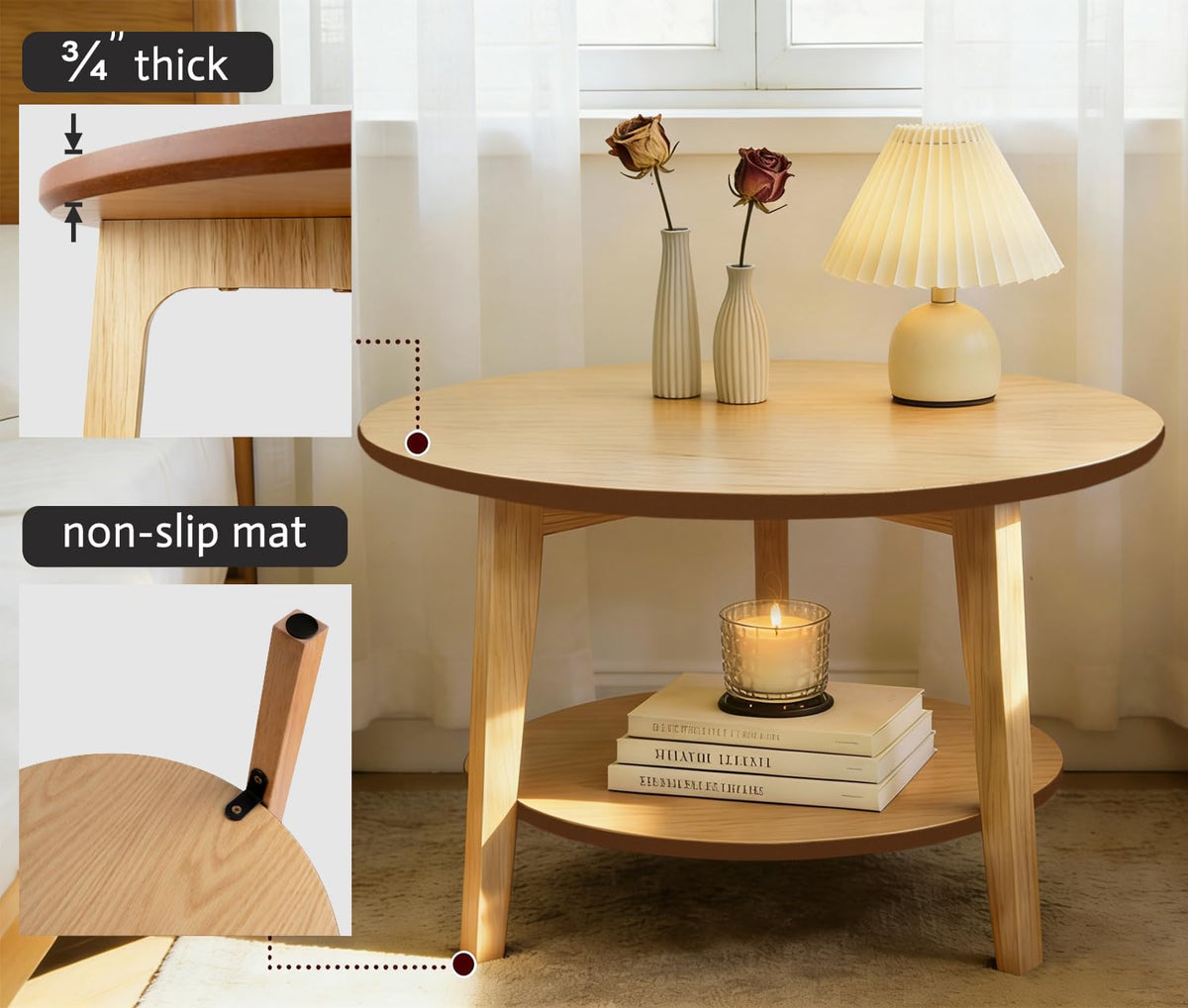 2-Tier Round Coffee Table, 28ââ Wood Nesting Side Table with Storage Shelf, Natural Walnut Wood Tables for Living Room, Space Saving Accent Table