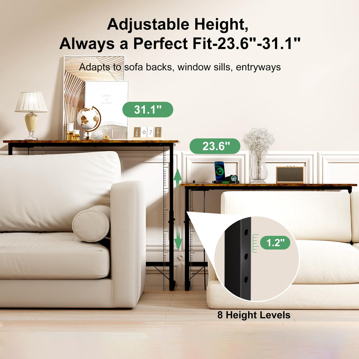 106"-157" Adjustable Length Behind Couch Sofa Table with 3 Power Outlets