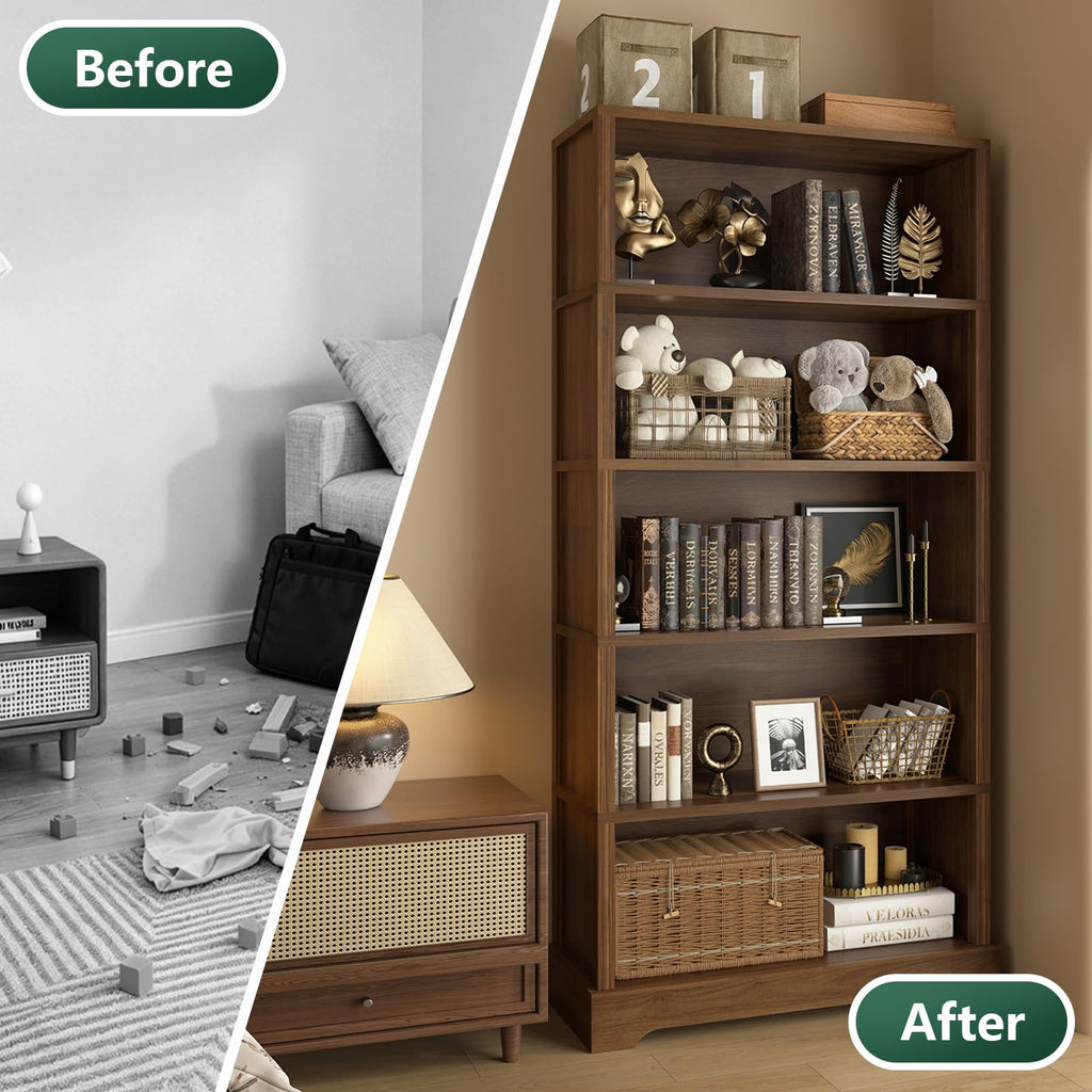 TVU 5 Tiers Wooden Bookshelf, 65.2" Tall Farmhouse Style Open Bookcase, 31.5" Wide Standing Book Shelf with Storage for Study Room, Living Room, Walnut Brown