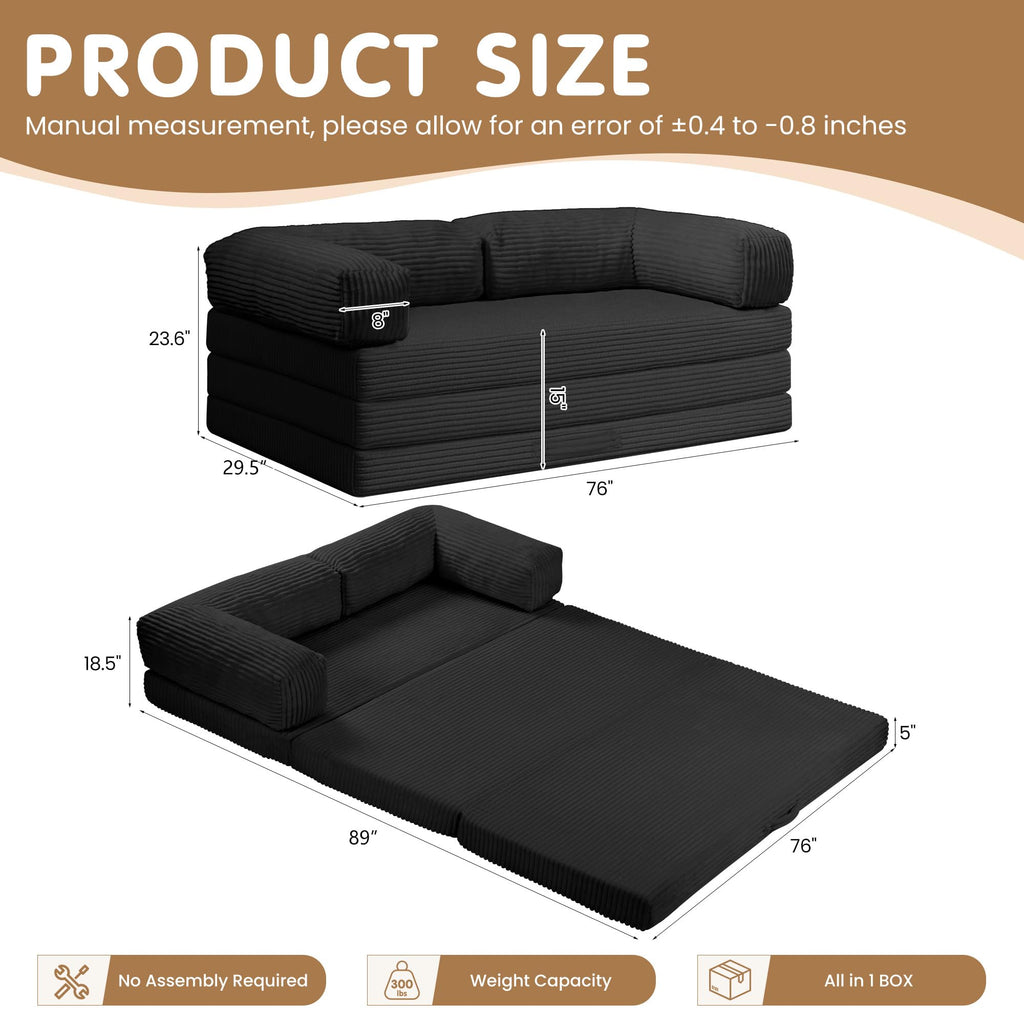 Convertible Sofa Bed Queen,5-in-1 Boneless Couch with Removable Armrests & Handle,Corduroy Futon Sleeper Sofa,Floor Folding Mattress Pull Out Bed for Small Space Apartment Living Room Bedroom,Green