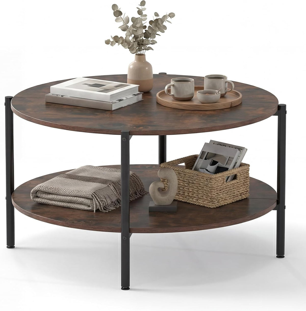 COSTWAY 33.5-inch Wooden Round Coffee Table with Open Storage Shelf, Heavy Duty Metal Frame, 2-Tier Industrial Circle Cocktail Accent Table for Living Room Apartment, Rustic Brown