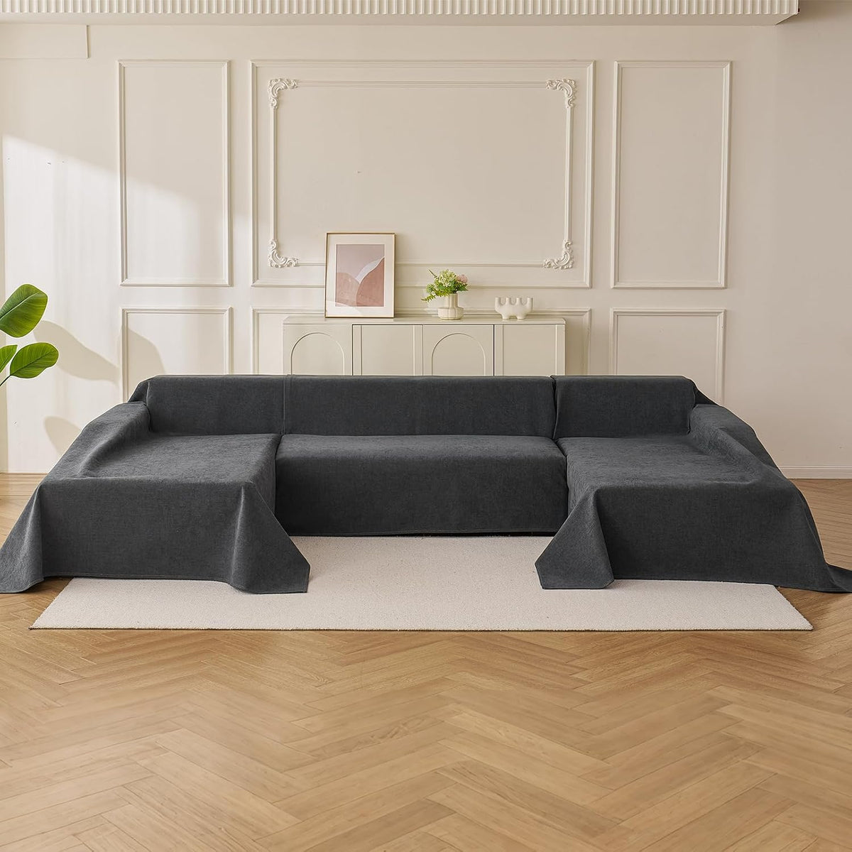 Deep Dream Sectional Couch Covers U Shape, 3 Pieces Waterproof Sofa Cover for Sectional Sofa, Non Slip U Shaped Couch Cover with Chaise Lounge for Dogs Pets, Dark Grey (2PCS 110"x63" + 1PCS 90"x71")