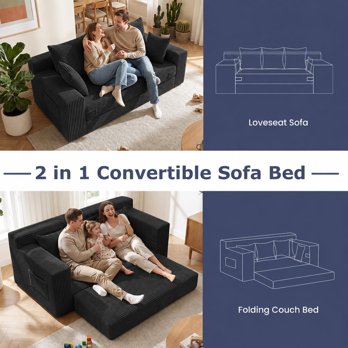 cidludto Convertible Sofa Bed, 3 in 1 Loveseat Folding Couch Bed Foldable - Chaise Lounge Chair & Floor Futon Sofa, Corduroy Pull Out Sofa Bed with 4 Pillows for Living Room, Beige