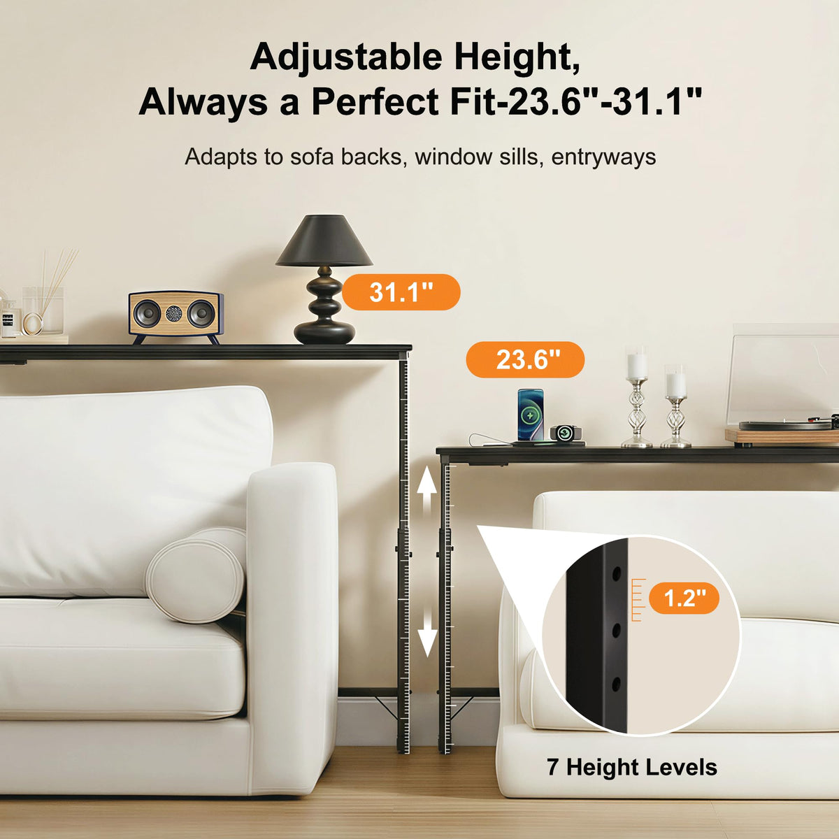 106"-157" Adjustable Length Behind Couch Sofa Table with 3 Power Outlets