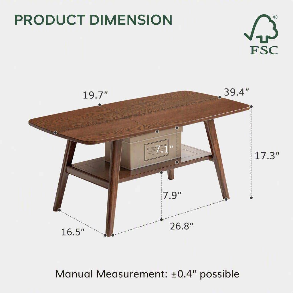 100% Solid Oak Coffee Table with Storage Shelf, 31.49" W