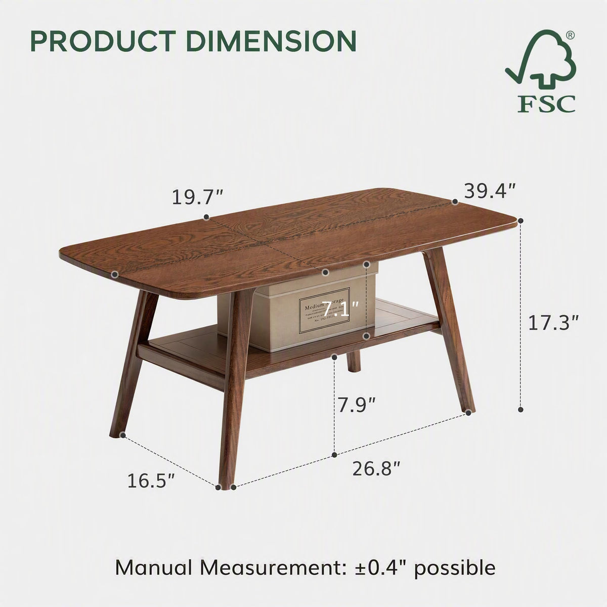 100% Solid Oak Coffee Table with Storage Shelf, 31.49" W