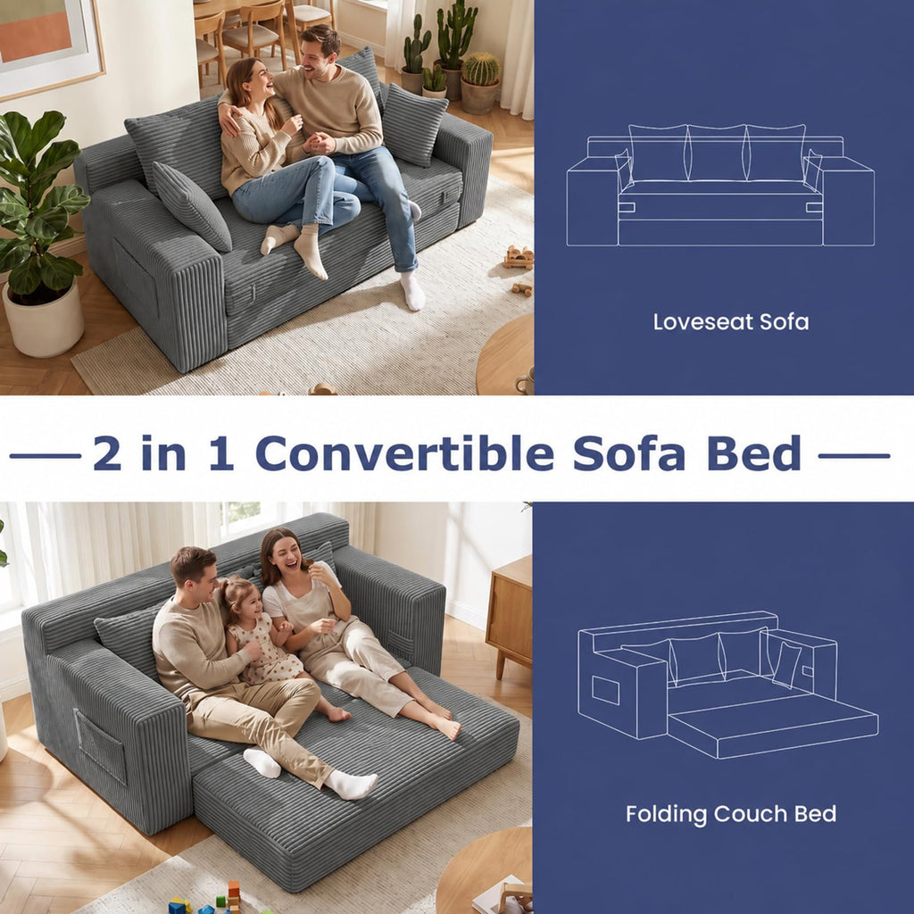 cidludto Convertible Sofa Bed, 3 in 1 Loveseat Folding Couch Bed Foldable - Chaise Lounge Chair & Floor Futon Sofa, Corduroy Pull Out Sofa Bed with 4 Pillows for Living Room, Beige