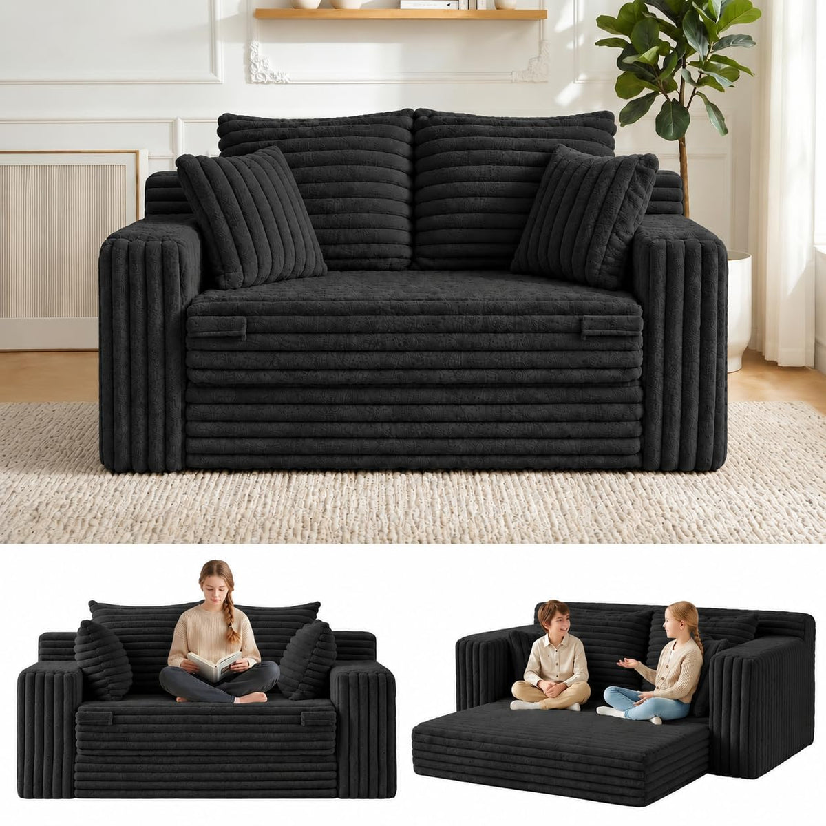 3-in-1 Convertible Sofa Bed: Boneless Loveseat Sleeper & Folding Couch Bed with 4 Pillows & Detachable Cushion, Furry Futon Couch for Bedroom, Apartment, Office and Living Room, No Assembly, Orange