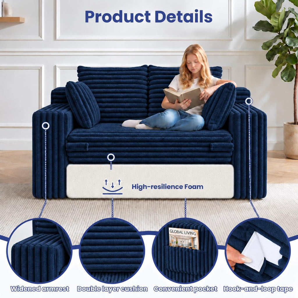 3-in-1 Convertible Sofa Bed: Boneless Loveseat Sleeper & Folding Couch Bed with 4 Pillows & Detachable Cushion, Furry Futon Couch for Bedroom, Apartment, Office and Living Room, No Assembly, Orange