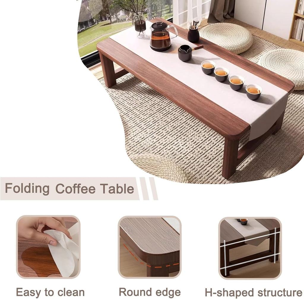Japanese Folding Coffee Table, Bamboo Foldable Floor Low Tables for Sitting On The Floor, No Assembly Portable Tea Table for Dinning Zen Living Room (31.5"x19"x13.7")