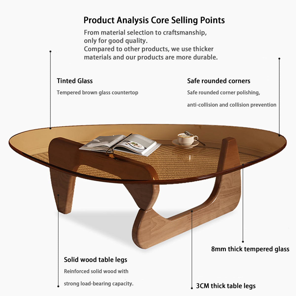 EASYSOUL Modern Glass Coffee Table, 32.68" D x 22.44" W x 15.75" H, Abstract Round Tea Tables for Living Room Home Office Industrial Cocktail Tables (Walnut-Brown Glass, 32.68")