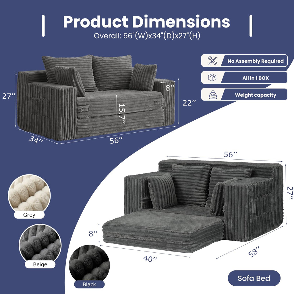 3-in-1 Convertible Sofa Bed: Boneless Loveseat Sleeper & Folding Couch Bed with 4 Pillows & Detachable Cushion, Furry Futon Couch for Bedroom, Apartment, Office and Living Room, No Assembly, Orange