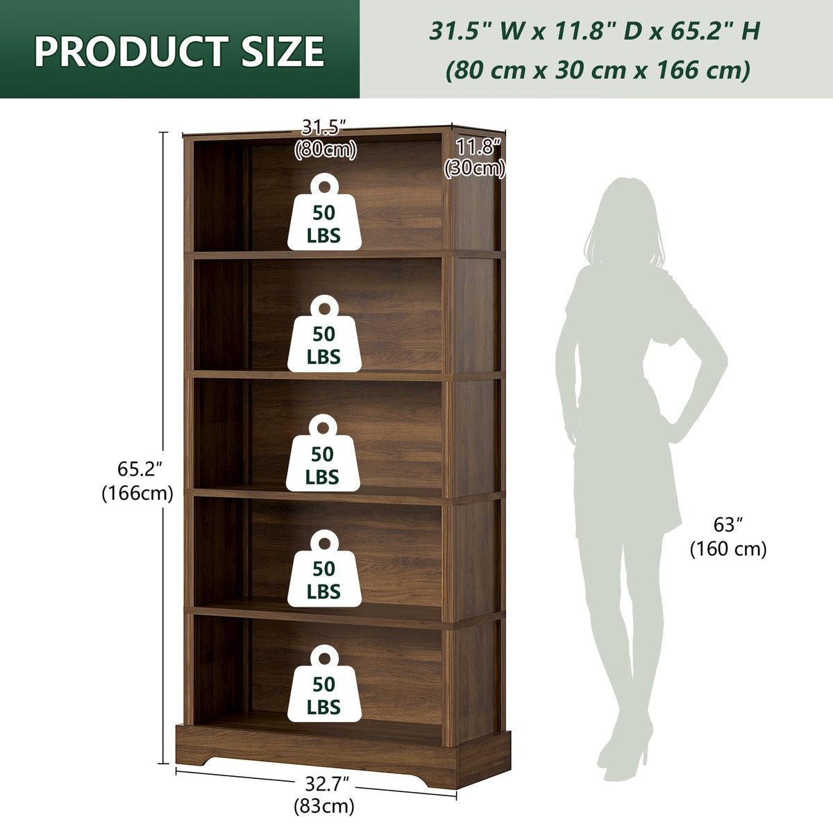 TVU 5 Tiers Wooden Bookshelf, 65.2" Tall Farmhouse Style Open Bookcase, 31.5" Wide Standing Book Shelf with Storage for Study Room, Living Room, Walnut Brown