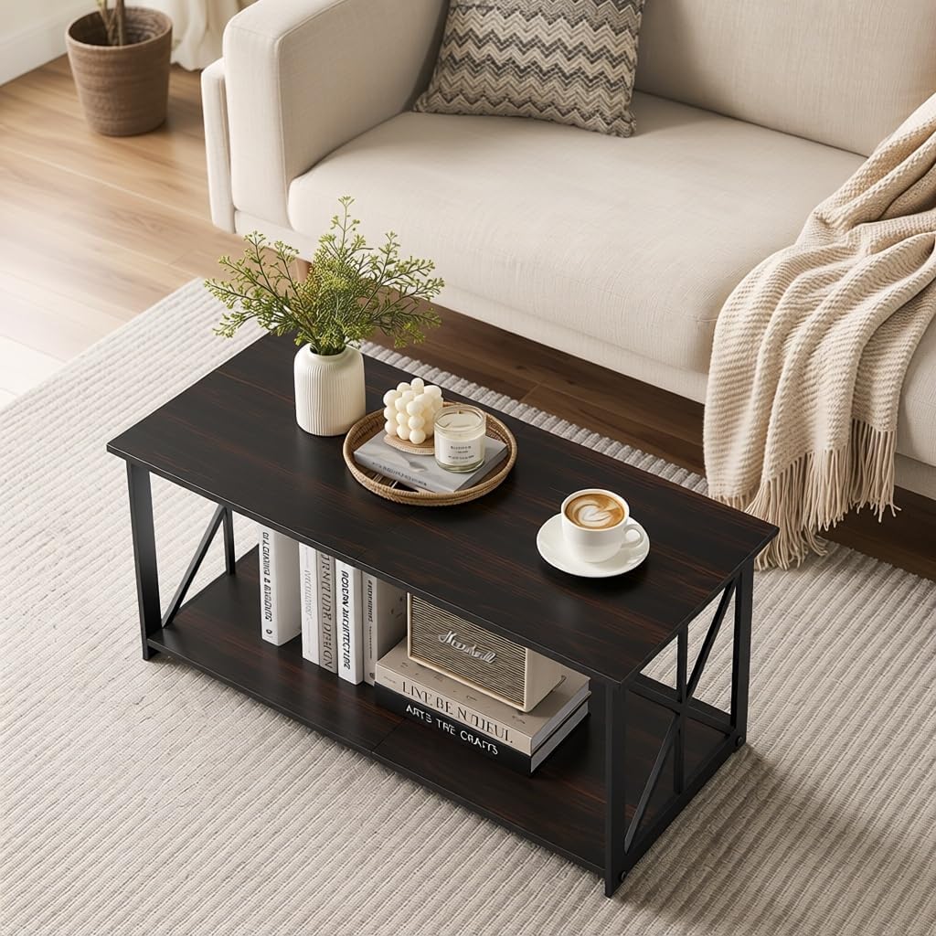 Manora Industrial Rectangular Coffee Table with Storage Shelf, Rustic Brown