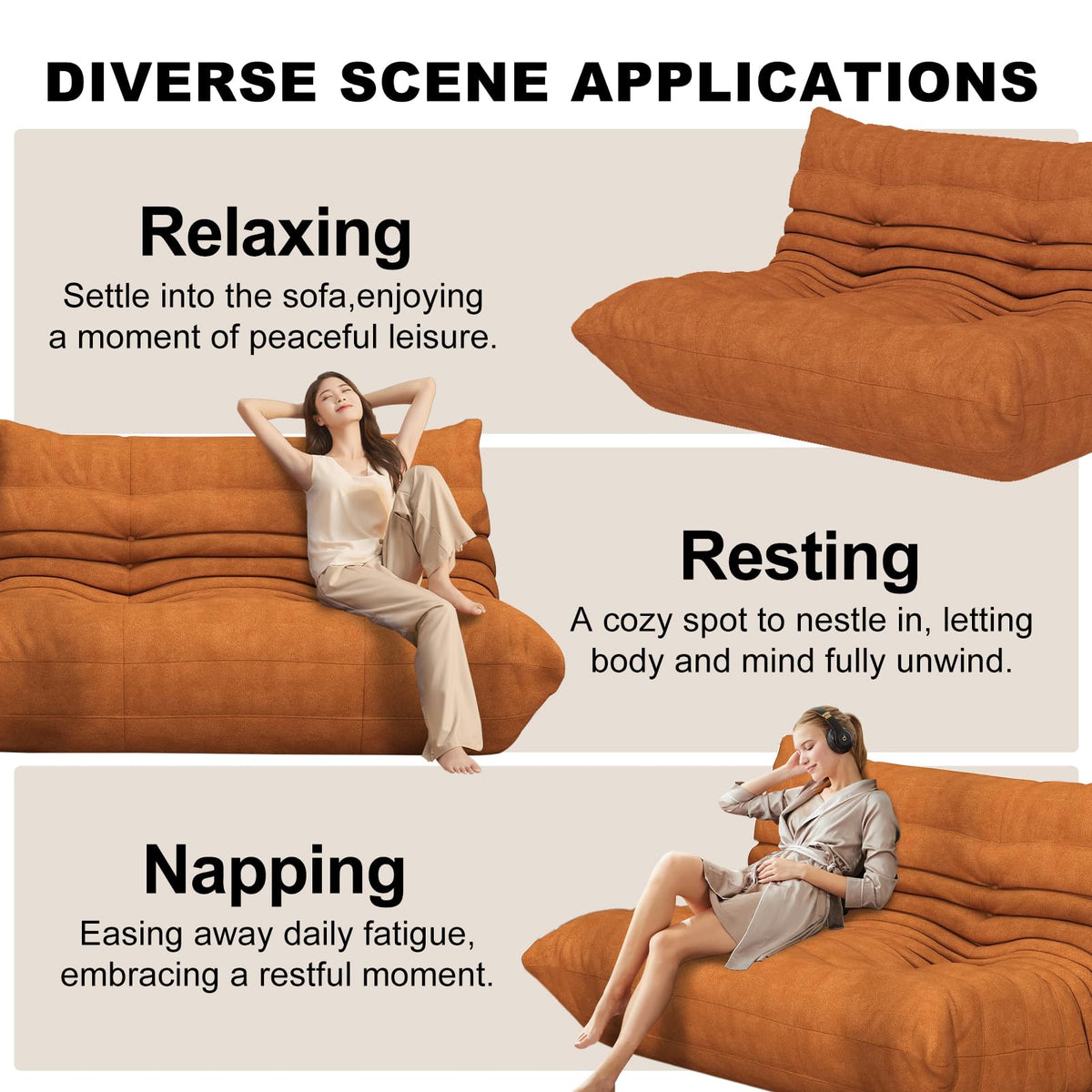 Full Foam 3-Seater Sofa, Bean Bag Floor Couch for Adults, Waterproof Fabric