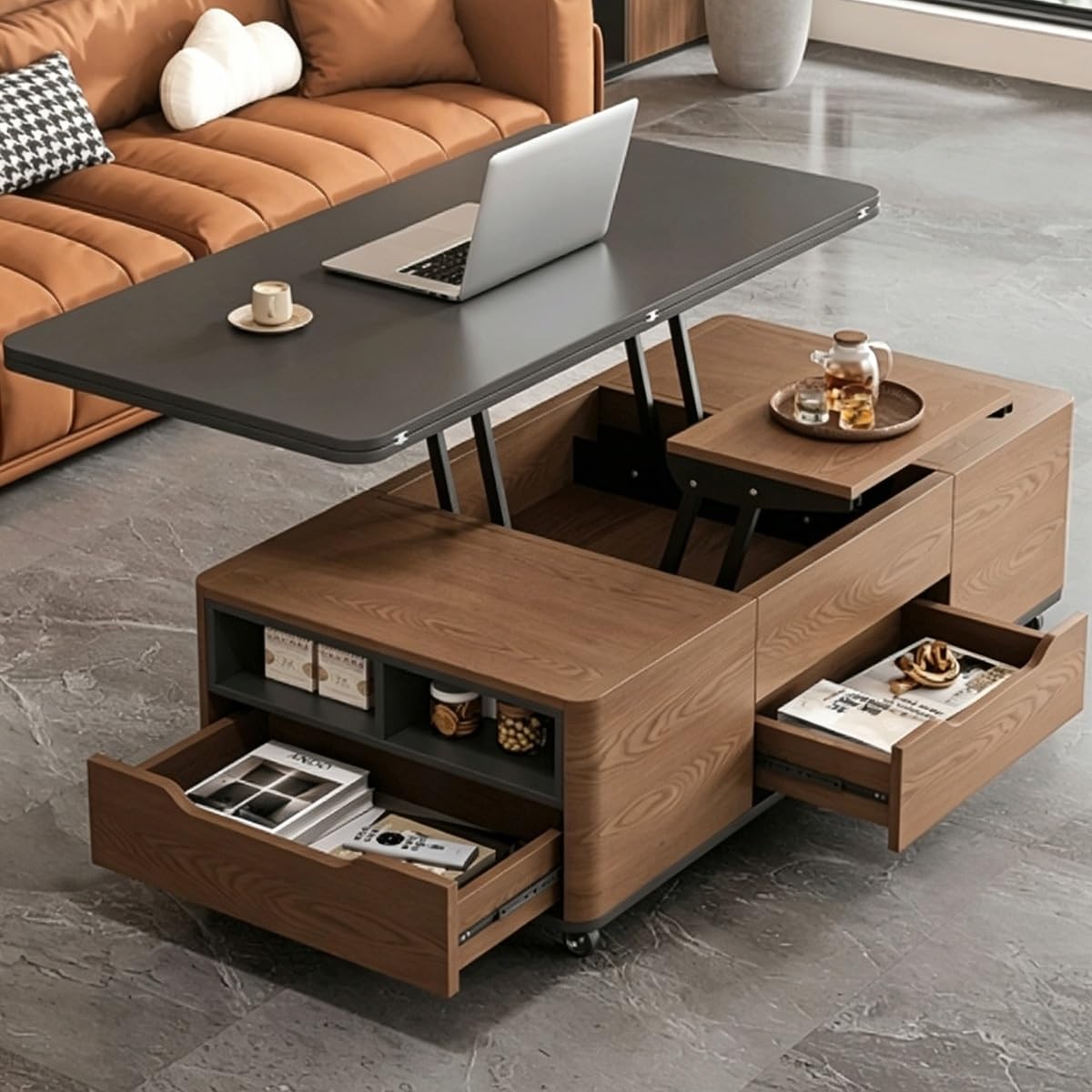 3âinâ1 LiftâTop CoffeeâTable with Storage Drawers & Rolling Casters