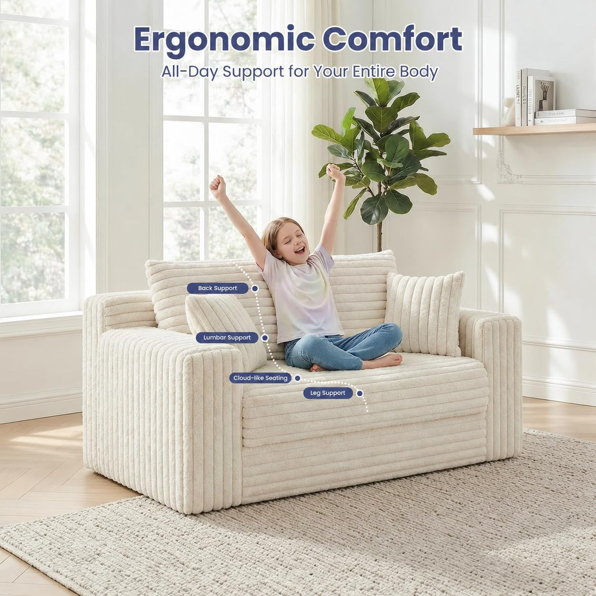 3-in-1 Convertible Sofa Bed: Boneless Loveseat Sleeper & Folding Couch Bed with 4 Pillows & Detachable Cushion,Furry Futon Couch for Bedroom,Apartment,Office and Living Room, No Assembly,Beige