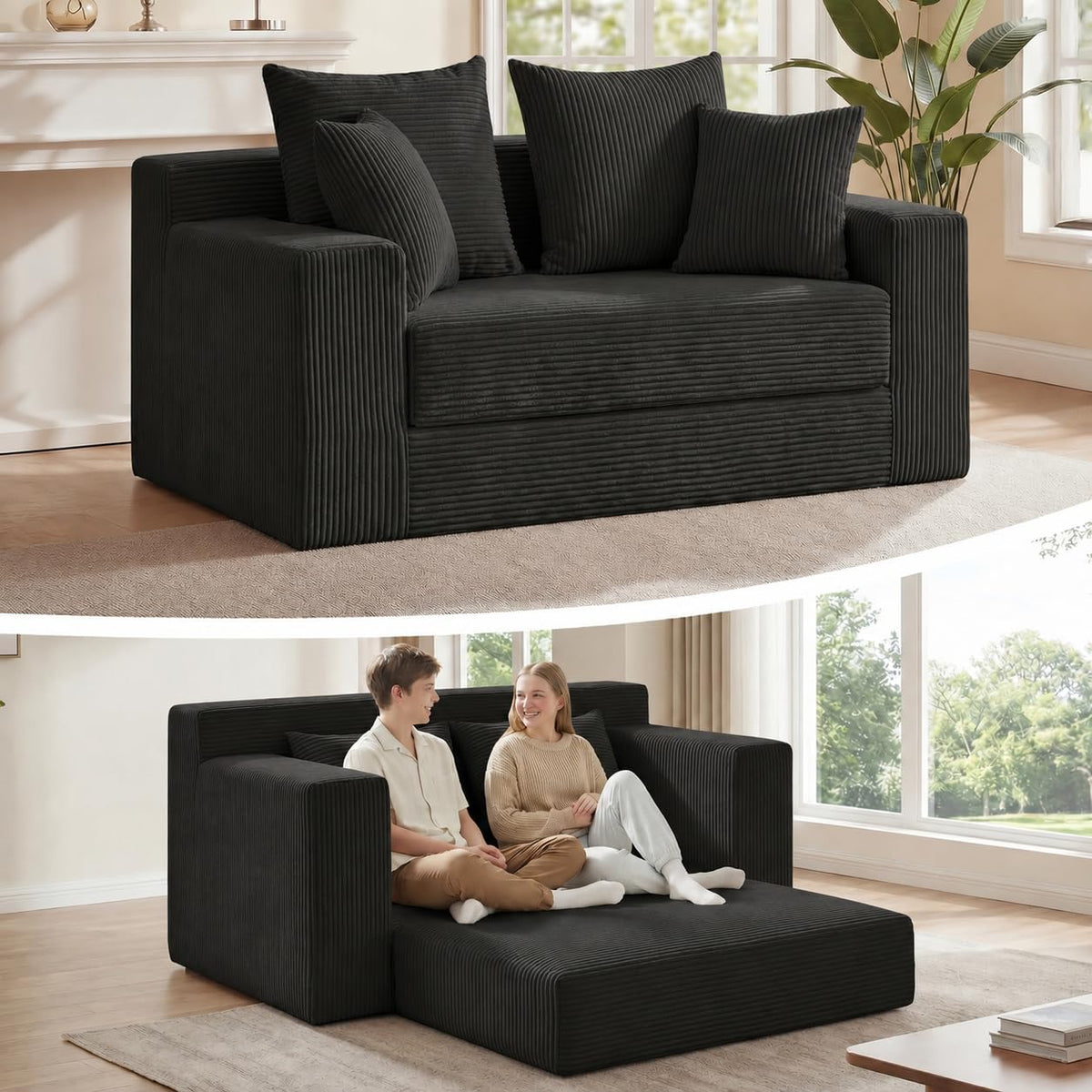 3-in-1 Convertible Sofa Bed: Boneless Loveseat Sleeper & Folding Couch Bed with 4 Pillows & Detachable Cushion, Furry Futon Couch for Bedroom, Apartment, Office and Living Room, No Assembly, Orange