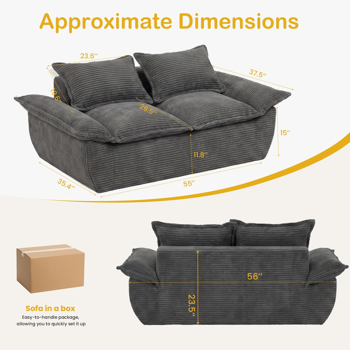56" Boneless Loveseat, 2-Seater Black Boneless Sofa with Removable Cushions & 2 Pillows, Small Mini Couch Boneless Foam Sofa for Living Room, Apartments, & Office