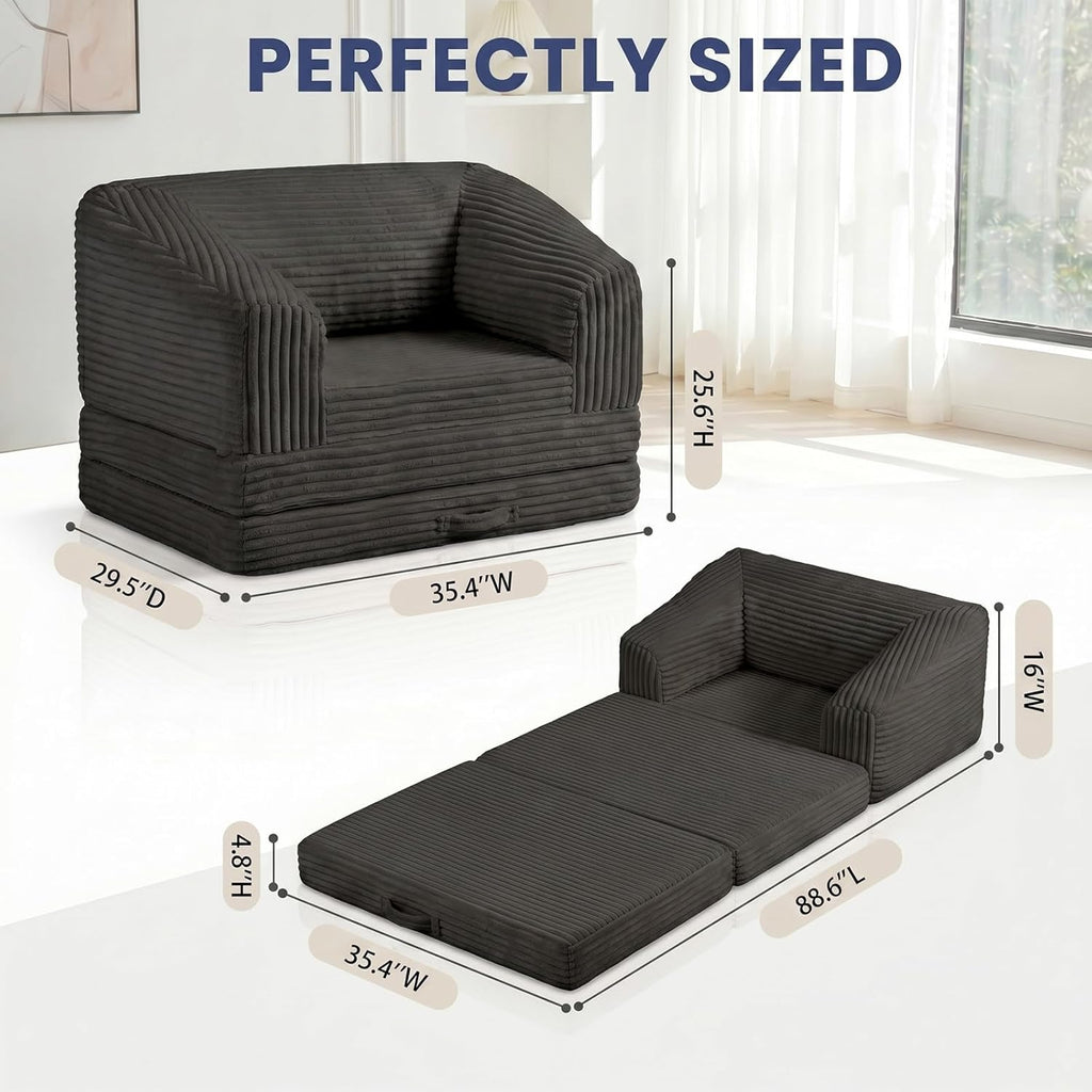 Convertible Folding Sofa Bed, 2-in-1 Single Boneless Sofa with Soft Corduroy & Ultra-Thick Backrest, Foldable Boneless Chair Lounger Sleeper Sofa for Small Apartment, Living Room, Home Office