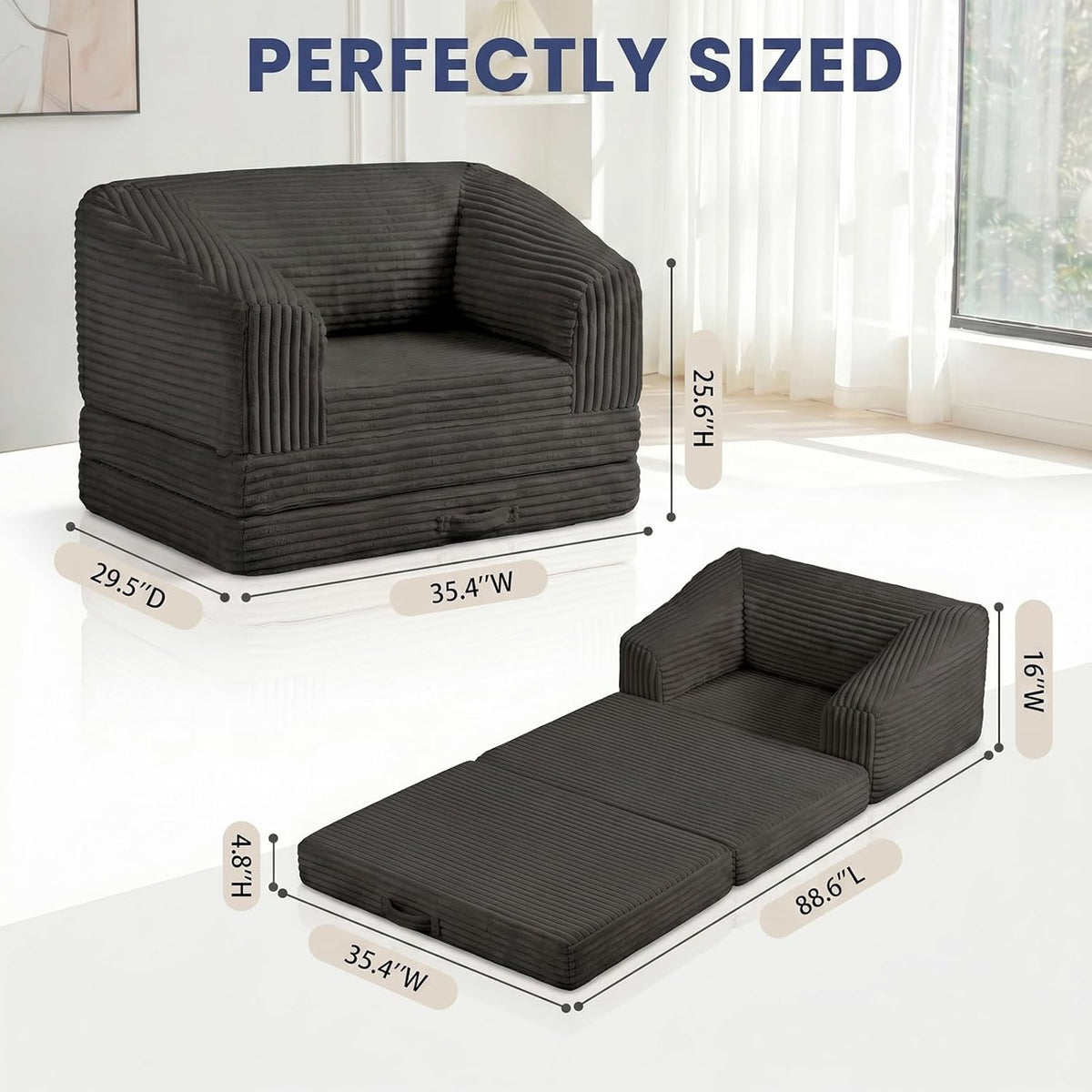 Convertible Folding Sofa Bed, 2-in-1 Single Boneless Sofa with Soft Corduroy & Ultra-Thick Backrest, Foldable Boneless Chair Lounger Sleeper Sofa for Small Apartment, Living Room, Home Office