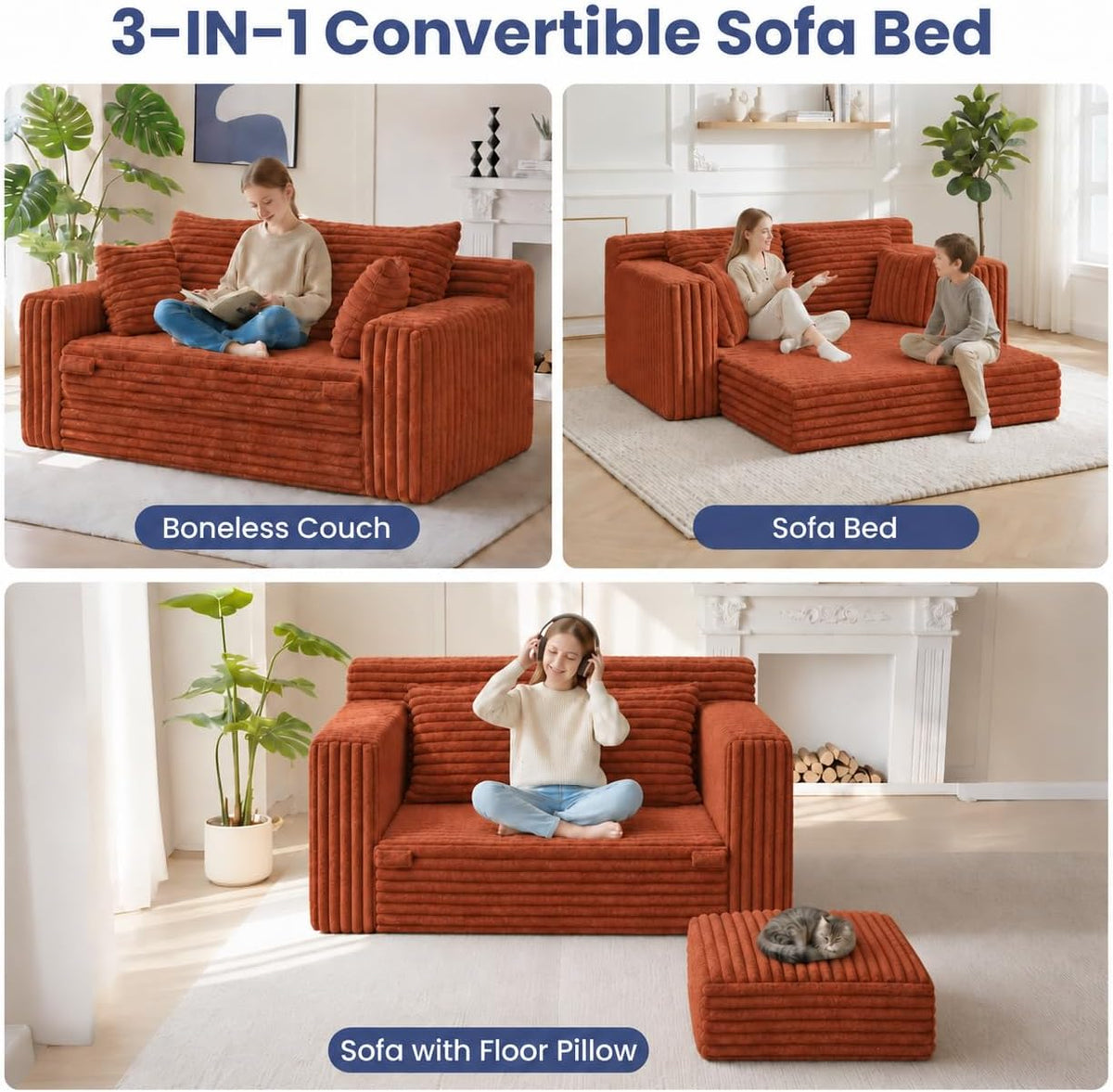 3-in-1 Convertible Sofa Bed: Boneless Loveseat Sleeper & Folding Couch Bed with 4 Pillows & Detachable Cushion, Furry Futon Couch for Bedroom, Apartment, Office and Living Room, No Assembly, Orange
