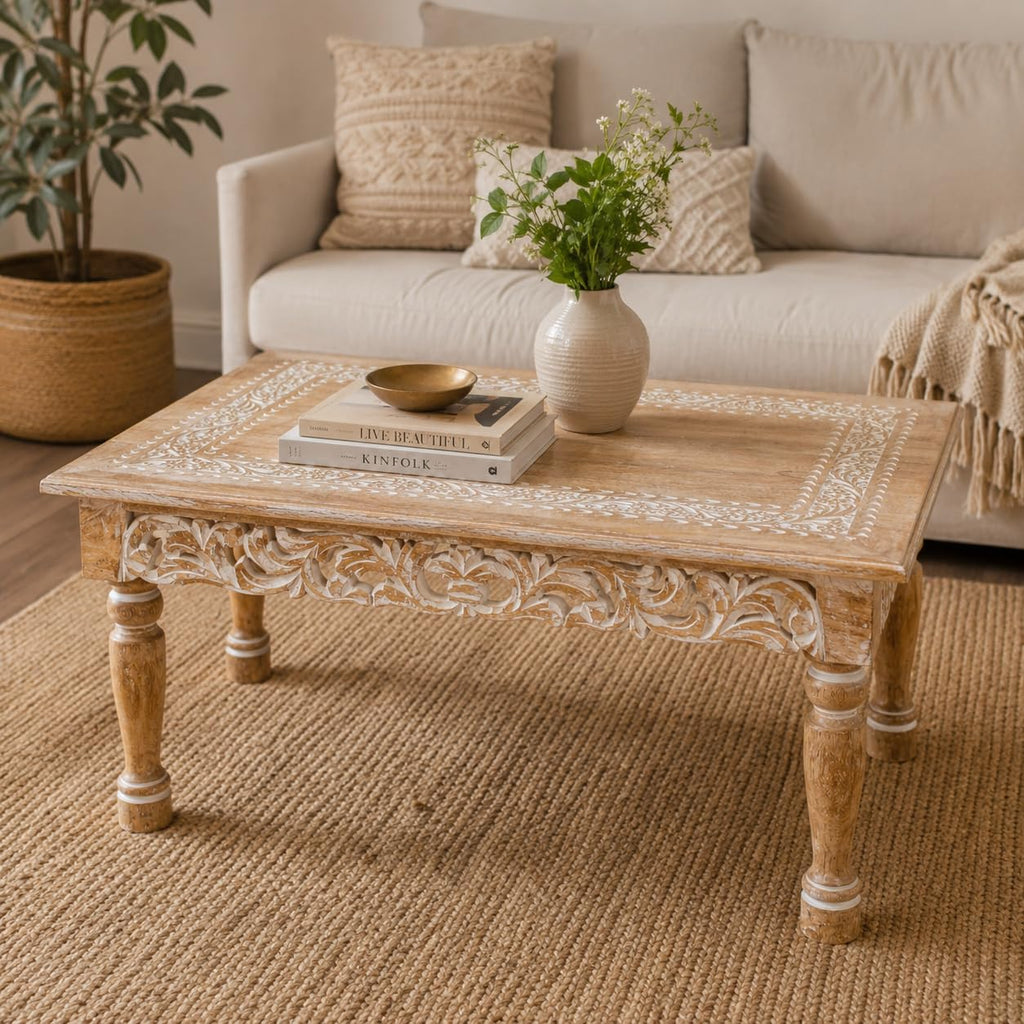 Farmhouse Coffee Table, Jali Carving, 36x24x18 in, Burnt