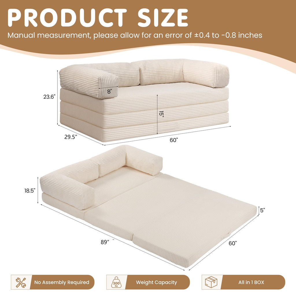 Convertible Sofa Bed Queen,5-in-1 Boneless Couch with Removable Armrests & Handle,Corduroy Futon Sleeper Sofa,Floor Folding Mattress Pull Out Bed for Small Space Apartment Living Room Bedroom,Green