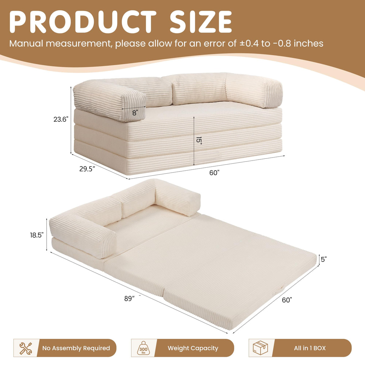 Convertible Sofa Bed Queen,5-in-1 Boneless Couch with Removable Armrests & Handle,Corduroy Futon Sleeper Sofa,Floor Folding Mattress Pull Out Bed for Small Space Apartment Living Room Bedroom,Green