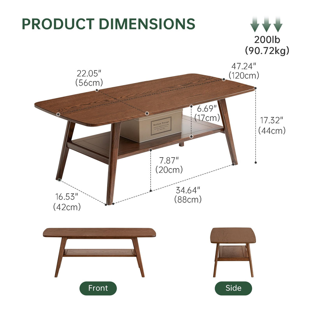 100% Solid Oak Coffee Table with Storage Shelf, 31.49" W