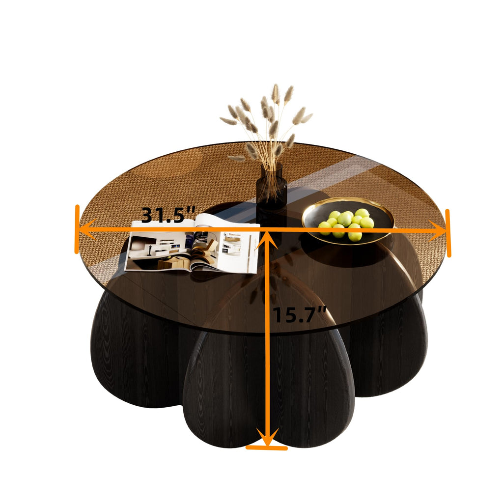 31.5'' Round Coffee Table with Tempered Glass Top, Modern Center Table for Small Spaces - Sturdy Walnut Board Frame, Simple Design for Living Room, Home, Office - Easy Assembly. (Walnut + Brown)