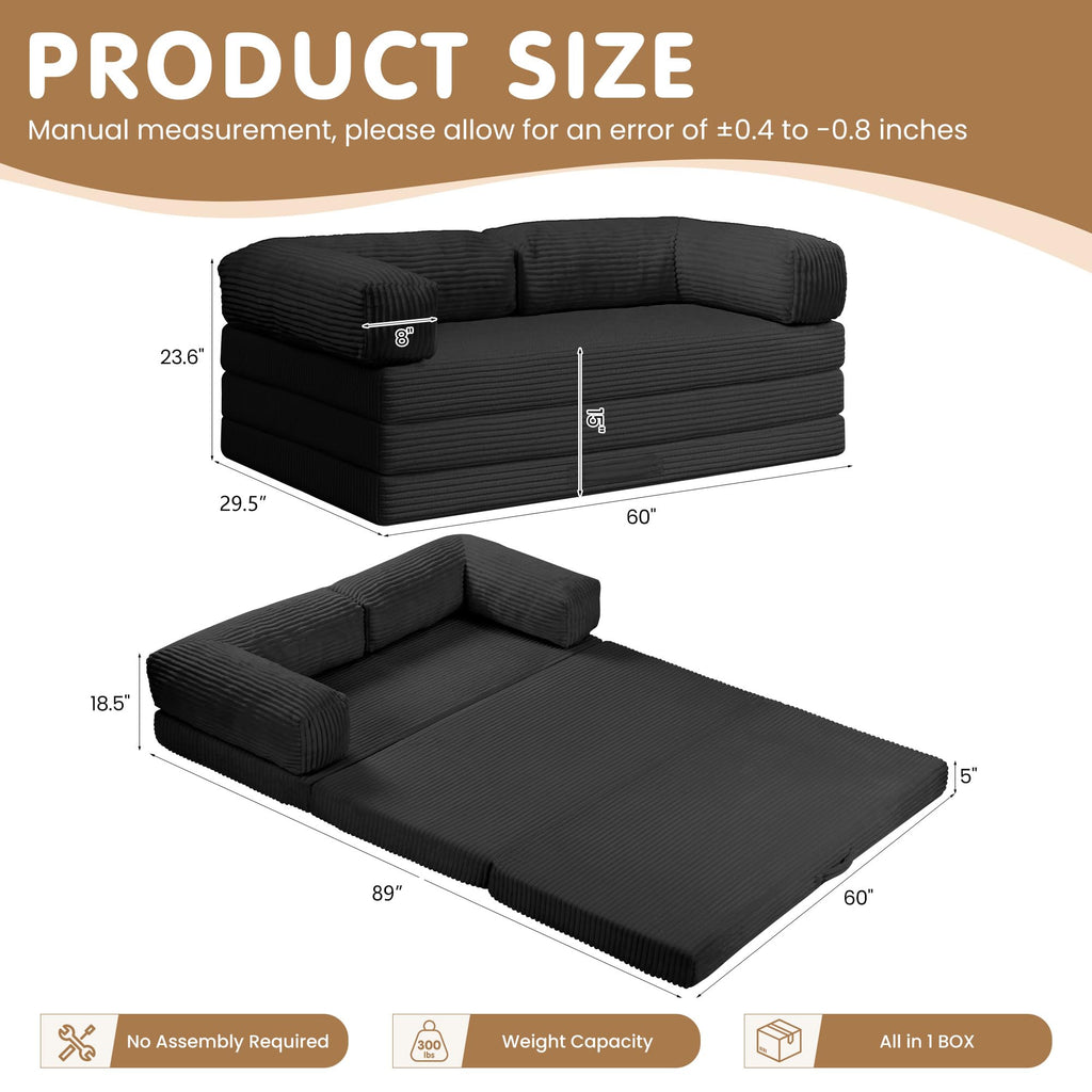 Convertible Sofa Bed Queen,5-in-1 Boneless Couch with Removable Armrests & Handle,Corduroy Futon Sleeper Sofa,Floor Folding Mattress Pull Out Bed for Small Space Apartment Living Room Bedroom,Green