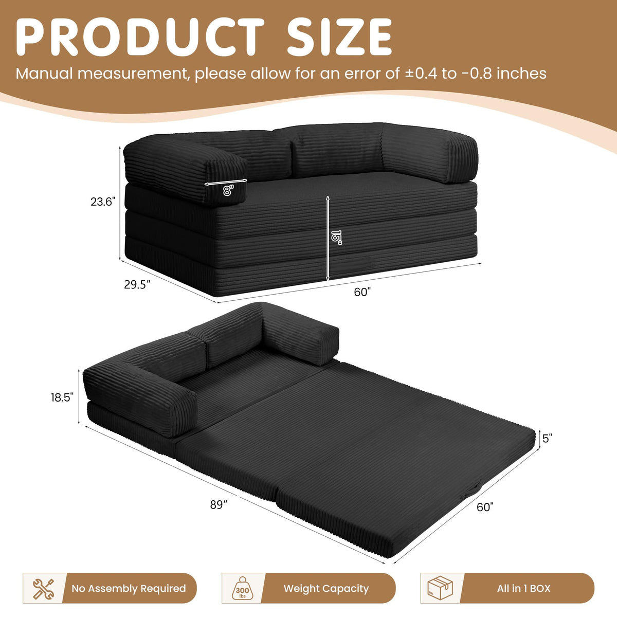 Convertible Sofa Bed Queen,5-in-1 Boneless Couch with Removable Armrests & Handle,Corduroy Futon Sleeper Sofa,Floor Folding Mattress Pull Out Bed for Small Space Apartment Living Room Bedroom,Green