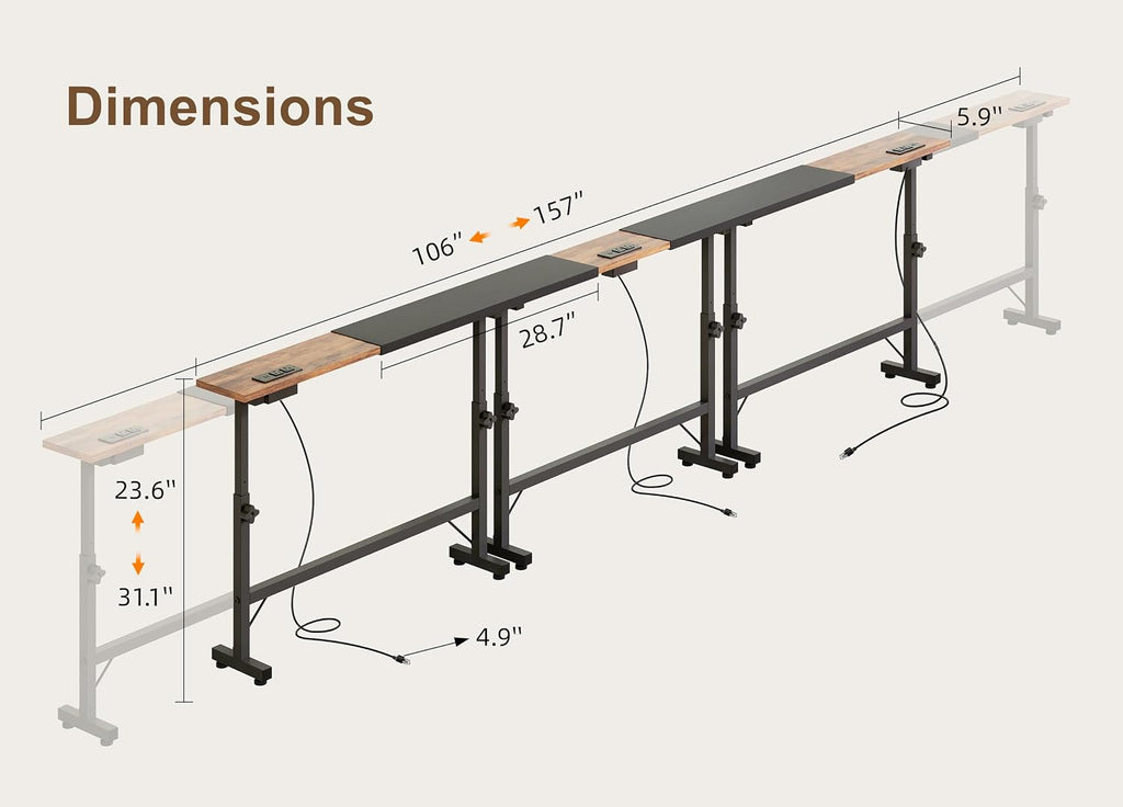 106"-157" Adjustable Length Behind Couch Sofa Table with 3 Power Outlets