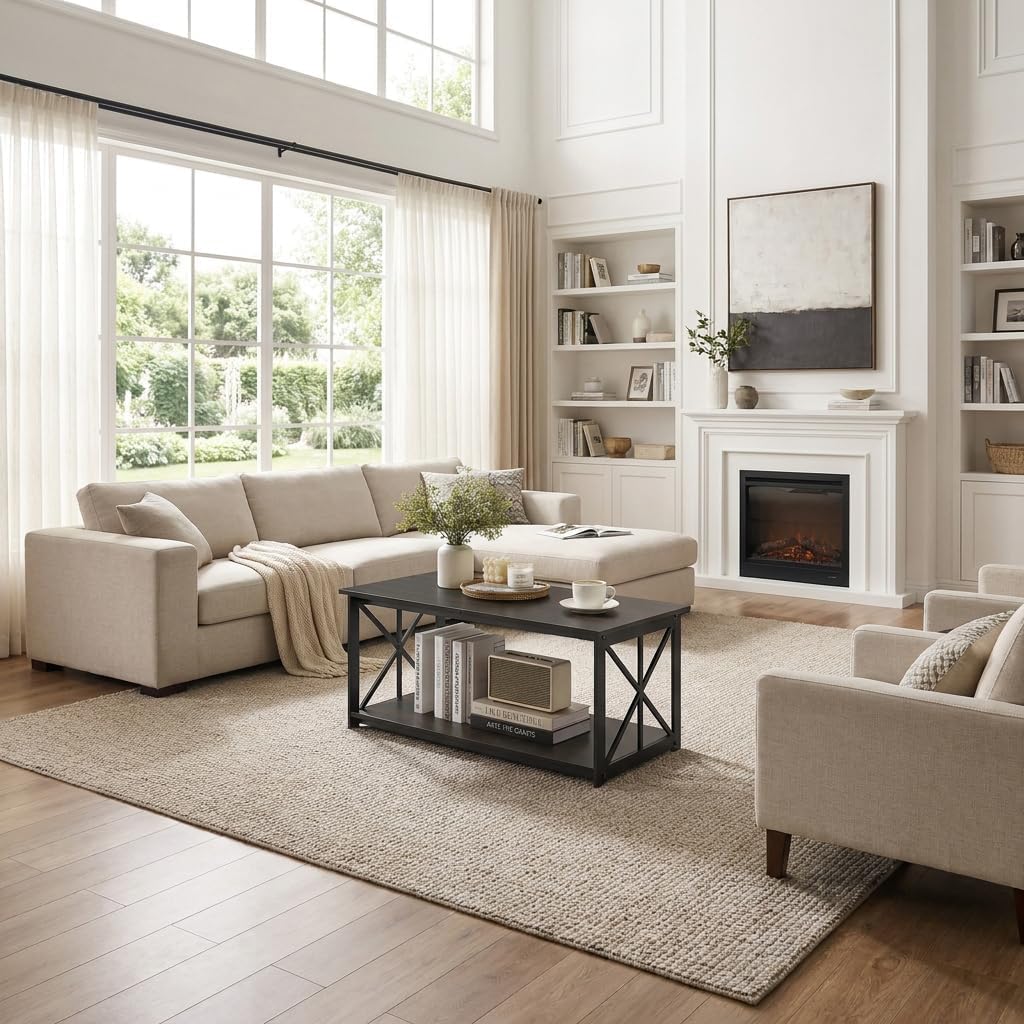 Manora Industrial Rectangular Coffee Table with Storage Shelf, Rustic Brown