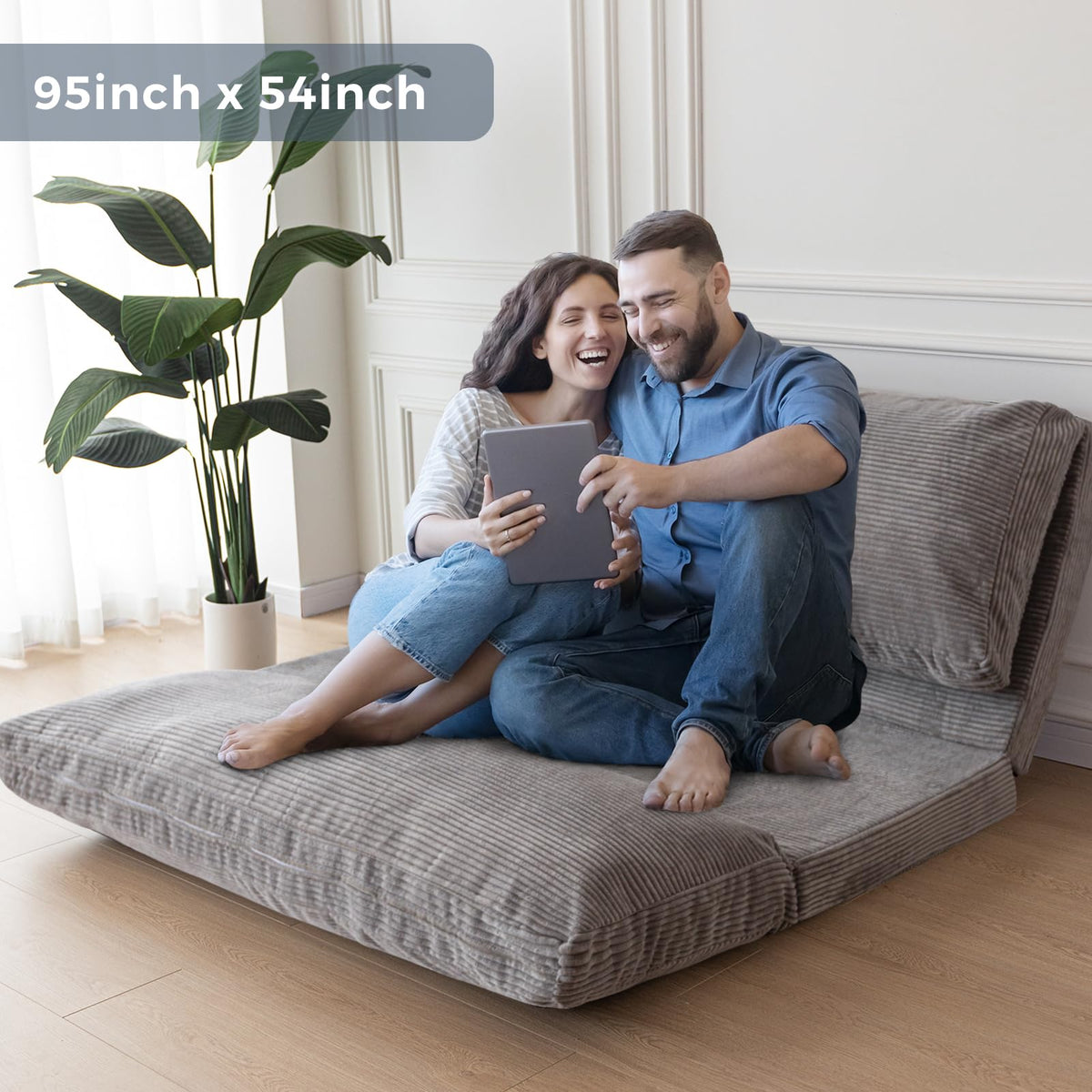 MAXYOYO Folding Sofa Bed, Extra Thick and Long Floor Sofa Convertible Chair with Washable Cover, Floor Couch Lounge Bean Bag Bed for Living Room, Dark Grey, 54x91 Inch