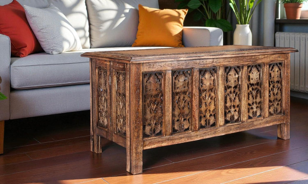 Farmhouse Coffee Table, Jali Carving, 36x24x18 in, Burnt