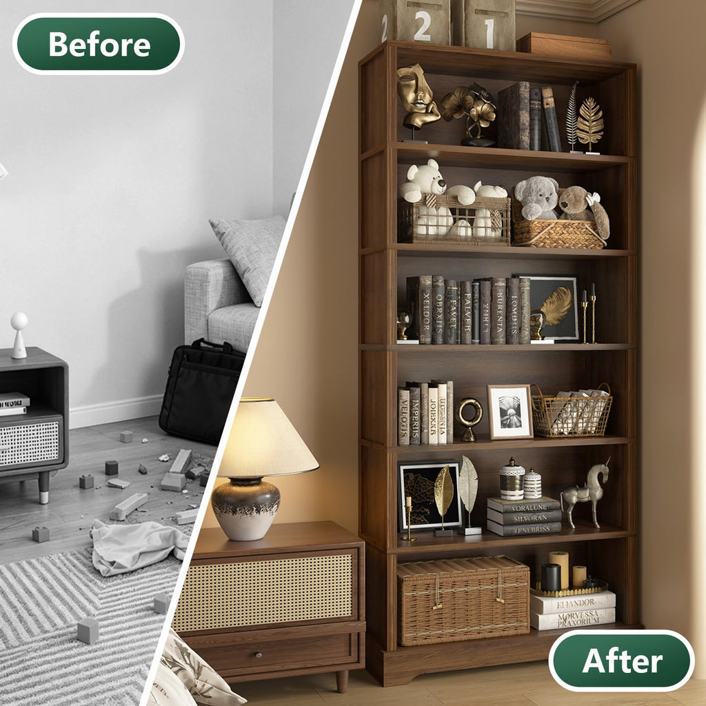 TVU 5 Tiers Wooden Bookshelf, 65.2" Tall Farmhouse Style Open Bookcase, 31.5" Wide Standing Book Shelf with Storage for Study Room, Living Room, Walnut Brown