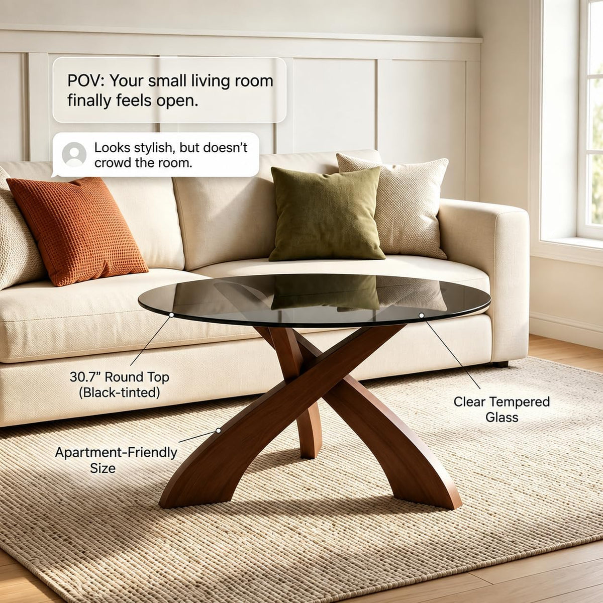 Honyee Glass Coffee Table, 30.7â Round Coffee Table with Tempered Glass Top, Walnut Wood X-Shaped Base, Stable Modern Center Table for Living Room, Apartment and Small Spaces