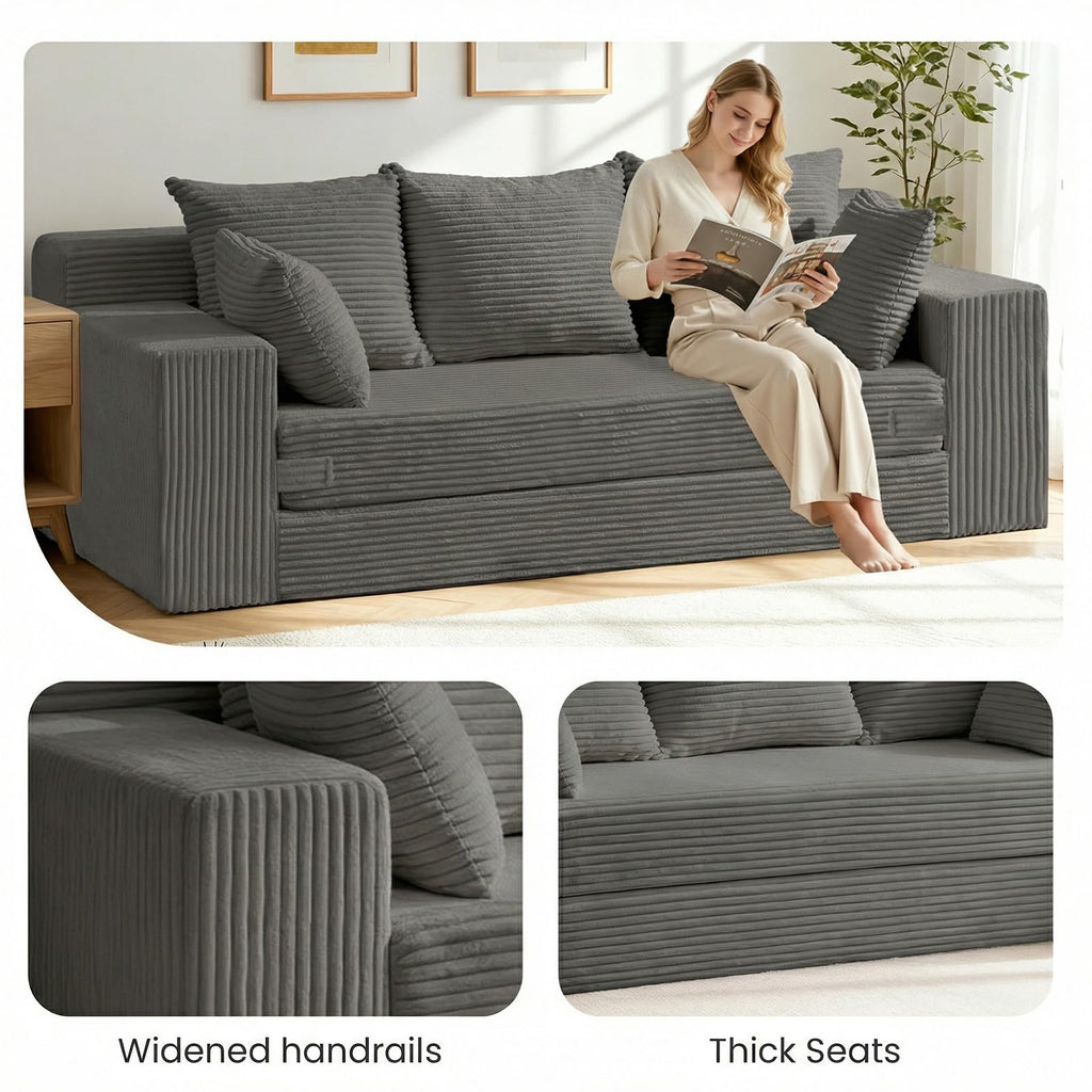 55" Small Boneless Couch, 3-in-1 Boneless Loveseat Sleeper Sofa Bed Convertible Sofa Bed with 4 Pillows, Black Corduroy Boneless Couch for Living Room, Guest Room, Small Space, No Assembly Required