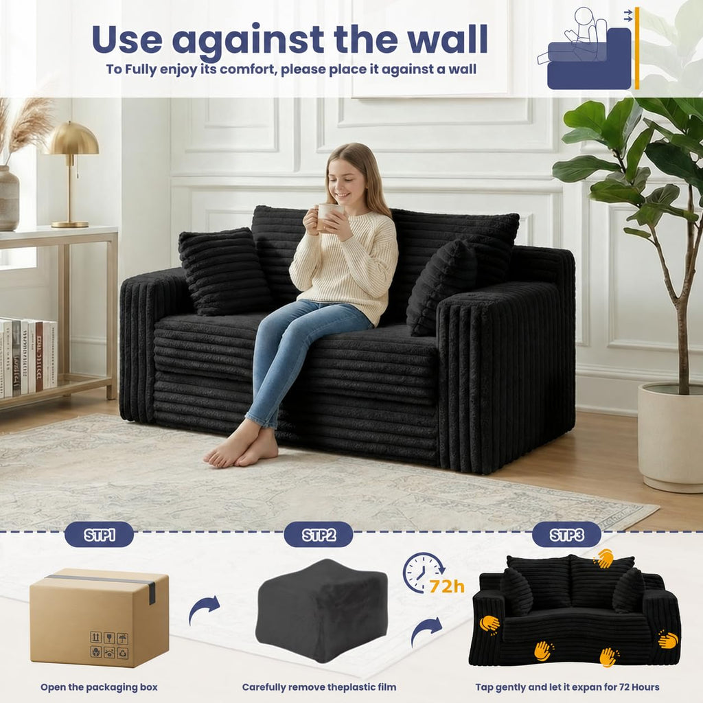 3-in-1 Convertible Sofa Bed: Boneless Loveseat Sleeper & Folding Couch Bed with 4 Pillows & Detachable Cushion, Furry Futon Couch for Bedroom, Apartment, Office and Living Room, No Assembly, Orange