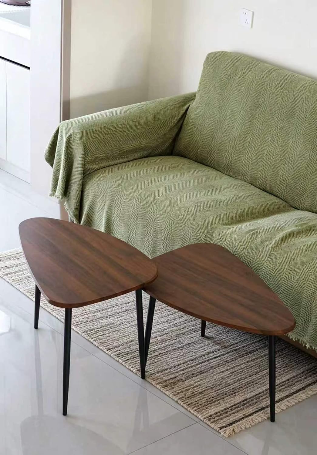 Nesting Coffee Table Set of 2 Coffee Tables Nesting Tables for Living Room Wooden Small Table Triangle Walnut Mid-Century Modern