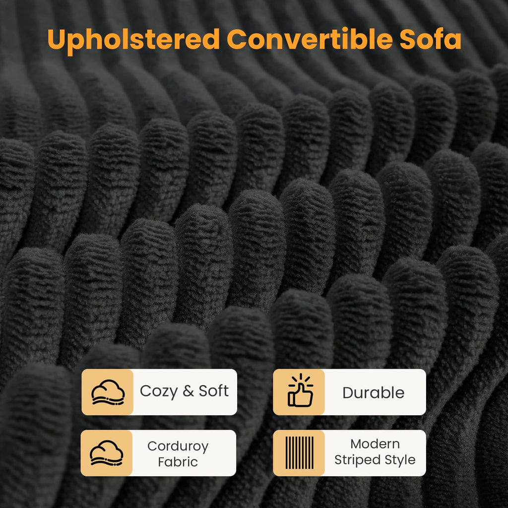 55" Small Boneless Couch, 3-in-1 Boneless Loveseat Sleeper Sofa Bed Convertible Sofa Bed with 4 Pillows, Black Corduroy Boneless Couch for Living Room, Guest Room, Small Space, No Assembly Required