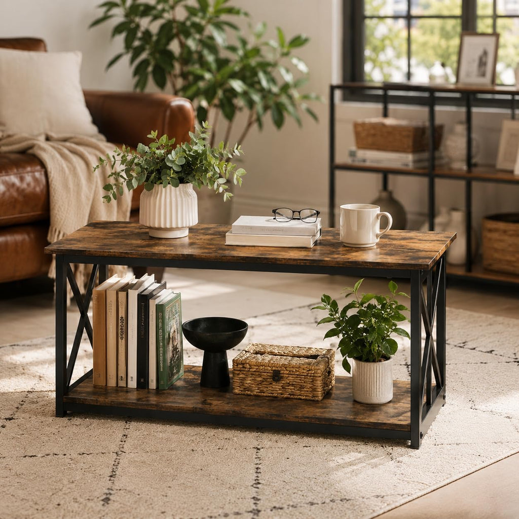 Manora Industrial Rectangular Coffee Table with Storage Shelf, Rustic Brown