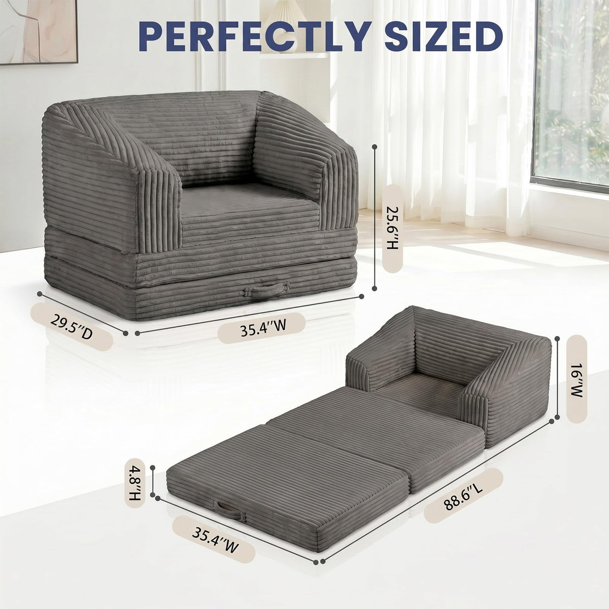 Convertible Folding Sofa Bed, 2-in-1 Single Boneless Sofa with Soft Corduroy & Ultra-Thick Backrest, Foldable Boneless Chair Lounger Sleeper Sofa for Small Apartment, Living Room, Home Office